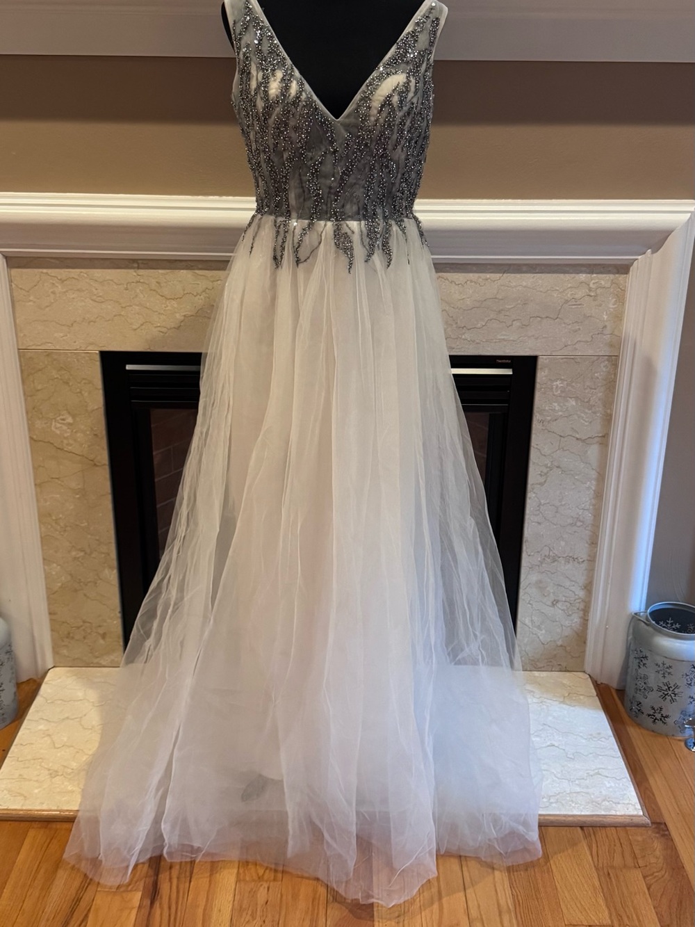 Silver Beaded and White Chiffon Formal Dress